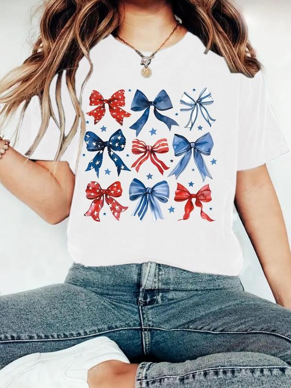 Women's Bow Print Round Neck Tee, Casual Star & Striped Print Short Sleeve T-Shirt for Independence Day, Women's Top for...