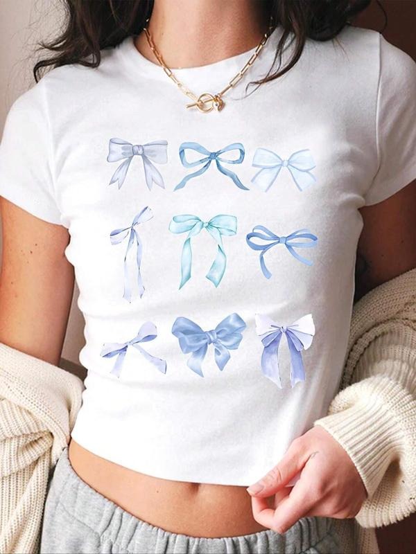 Women's Bow Print Round Neck Tee, Fashion Crew Neck Short Sleeve T-shirt for Daily Holiday Vacation Outdoor Wear, Ladies...