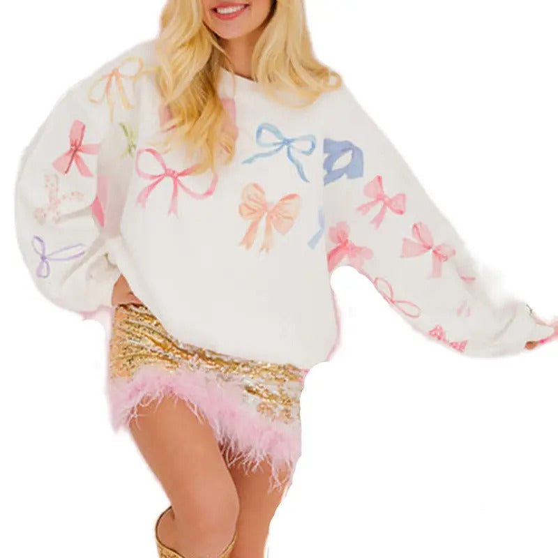 Women's Bow Print Sweatshirt Cute Long Sleeve Round Neck Oversized Casual Pullover Tops T-Shirts, Hoodie | UrbanDripWear.com