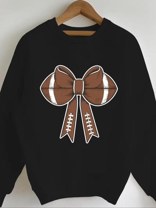 Women's Bowknot & Football Print Crew Neck Sweatshirt, Casual Long Sleeve Pullover, Women's Fall & Winter Clothes for...