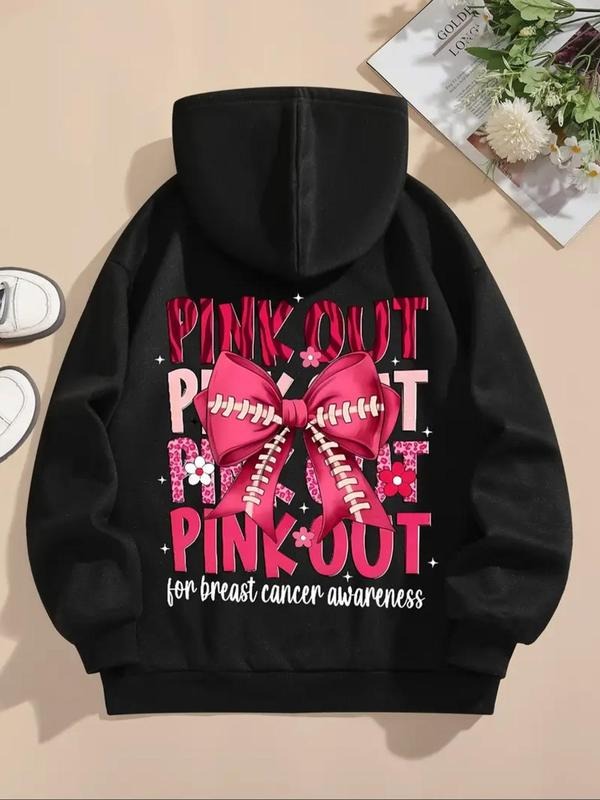 Women's Bowknot & Letter Print Drawstring Pocket Hoodie, Casual Drop Shoulder Long Sleeve Hooded Sweatshirt, Ladies Fall...