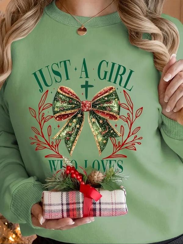 Women's Bowknot & Letter Print Round Neck Pullover, Casual Long Sleeve Thermal Lined Crew Neck Sweatshirt for Daily Wear,...