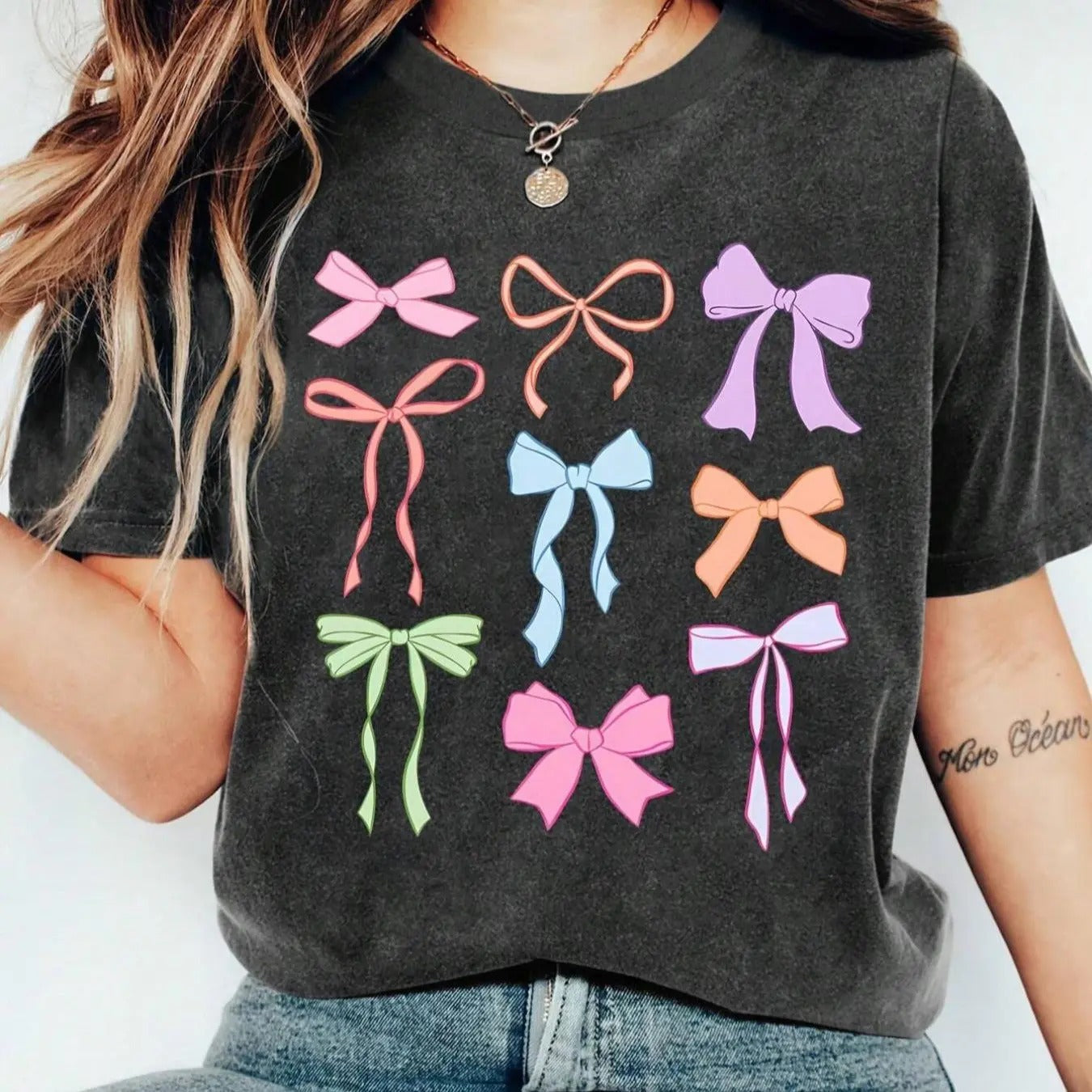 Women's Bowknot Print Round Neck Tee, Fashion Casual Short Sleeve T-shirt, Ladies Summer Clothes for Daily Wear Hoodie,...
