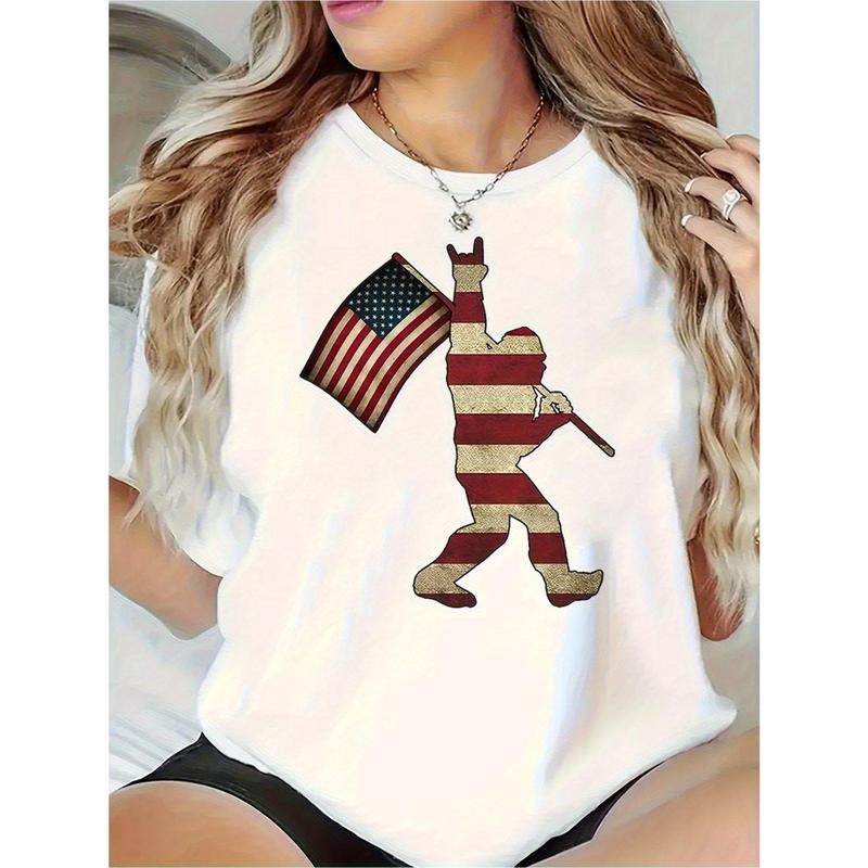 Women's Breathable Casual T-Shirt - Patriotic American Flag Graphic Print, Plus Sizes Available, 4th of July Independence...