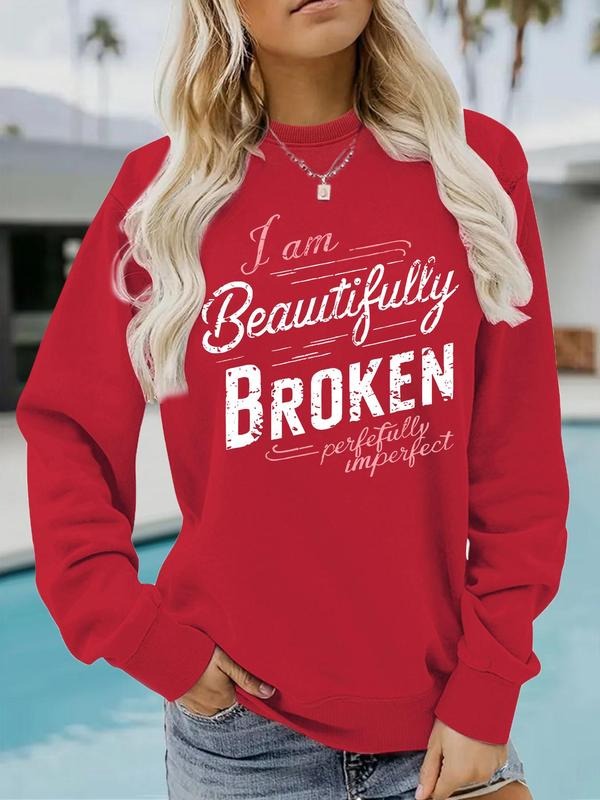 Women's Broken Letter Print Crew Neck Sweatshirt, Casual Long Sleeve Pullover for Daily Wear, Ladies Clothes for Fall &...