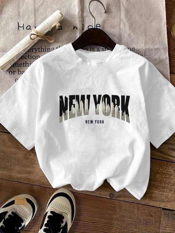 Women's Buildings & Letter Print Drop Shoulder Tee, Fashion Round Neck Short Sleeve T-Shirt for Summer, Women's Clothes...