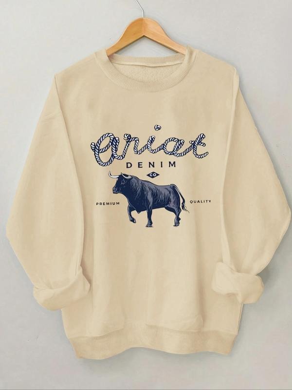 Women's Bull & Letter Print Crew Neck Sweatshirt, Casual Long Sleeve Pullover for Spring & Fall, Women's Top for Daily...