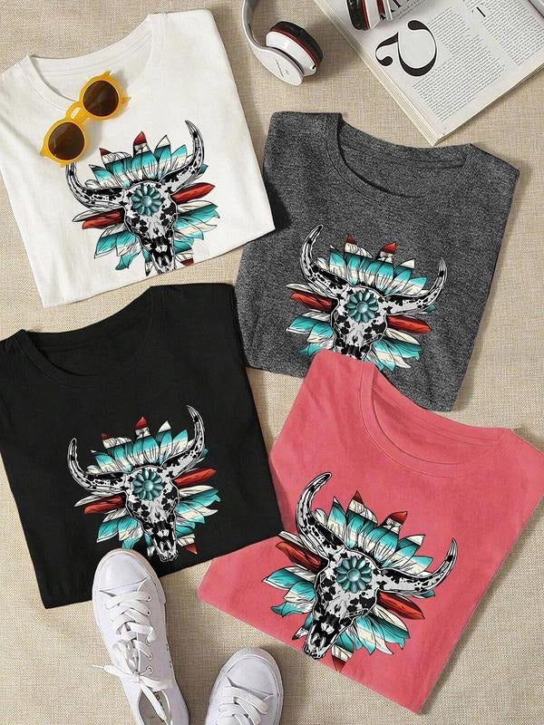 Women's Bull Head & Floral Print Round Neck Tee, Casual Short Sleeve Crew Neck T-Shirt for Summer, Fashion Women's Top...