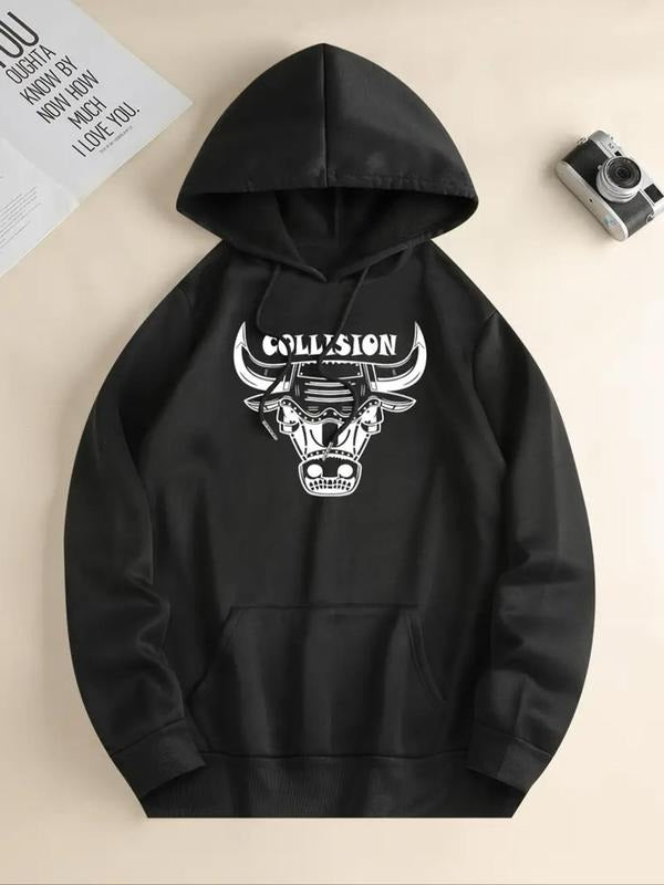 Women's Bull Head & Letter Print Drawstring Hoodie, Fashion Casual Hooded Sweatshirt for Daily Holiday Outdoor Wear,...