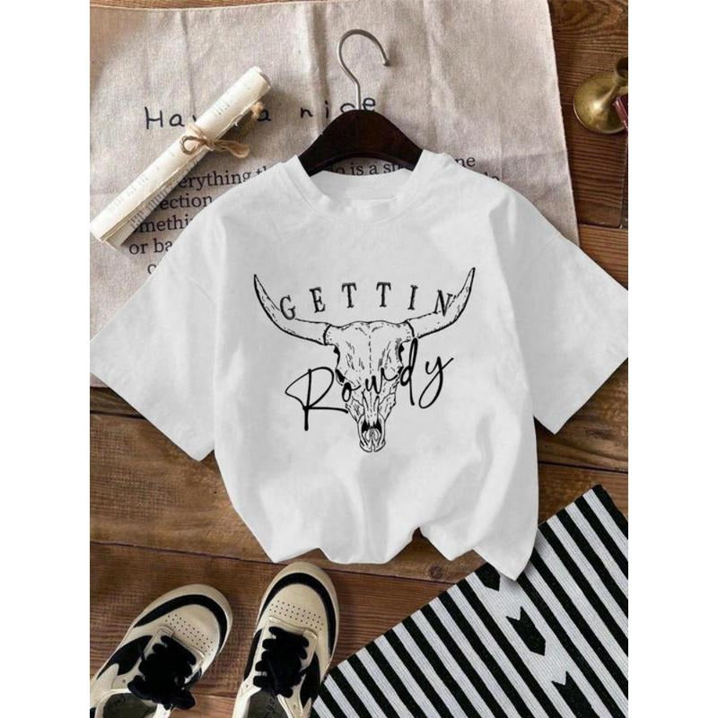 Women's Bull Head & Letter Print Round Neck Tee, Fashion Casual Drop Shoulder Short Sleeve T-shirt, Ladies Summer Clothes...