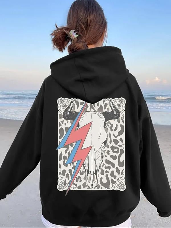 Women's Bull Head & Lightning Print Drawstring Hoodie, Casual Comfy Hooded Sweatshirt for Fall & Winter, Women's Clothes...