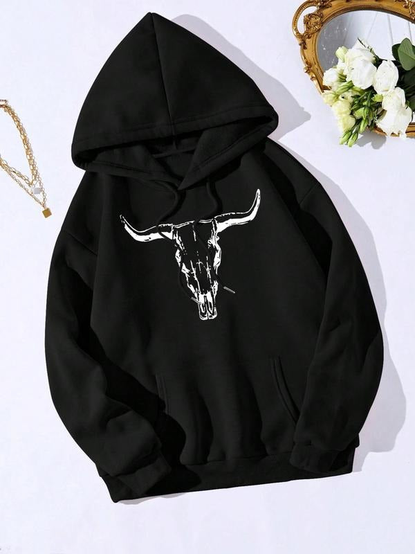 Women's Bull Head Print Drop Shoulder Hoodie, Fashion Casual Drawstring Pocket Hooded Sweatshirt for Daily Holiday...