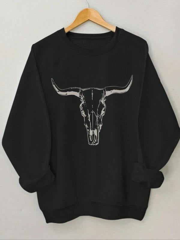 Women's Bull Head Print Round Neck Sweatshirt, Casual Long Sleeve Crew Neck Pullover for Spring & Fall, Fashion Women's...