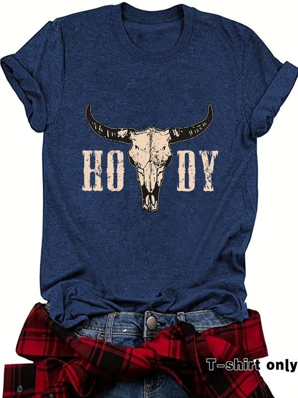 Women's Bull Head Print Round Neck Tee, Casual Short Sleeve Crew Neck T-shirt for Spring, Fashion Women's Top for Daily...