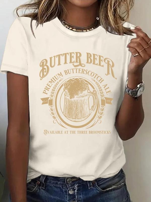 Women's Butter Beer Print Round Neck Tee, Casual Short Sleeve Crew Neck T-shirt for Spring & Summer, Fashion Women's Top...