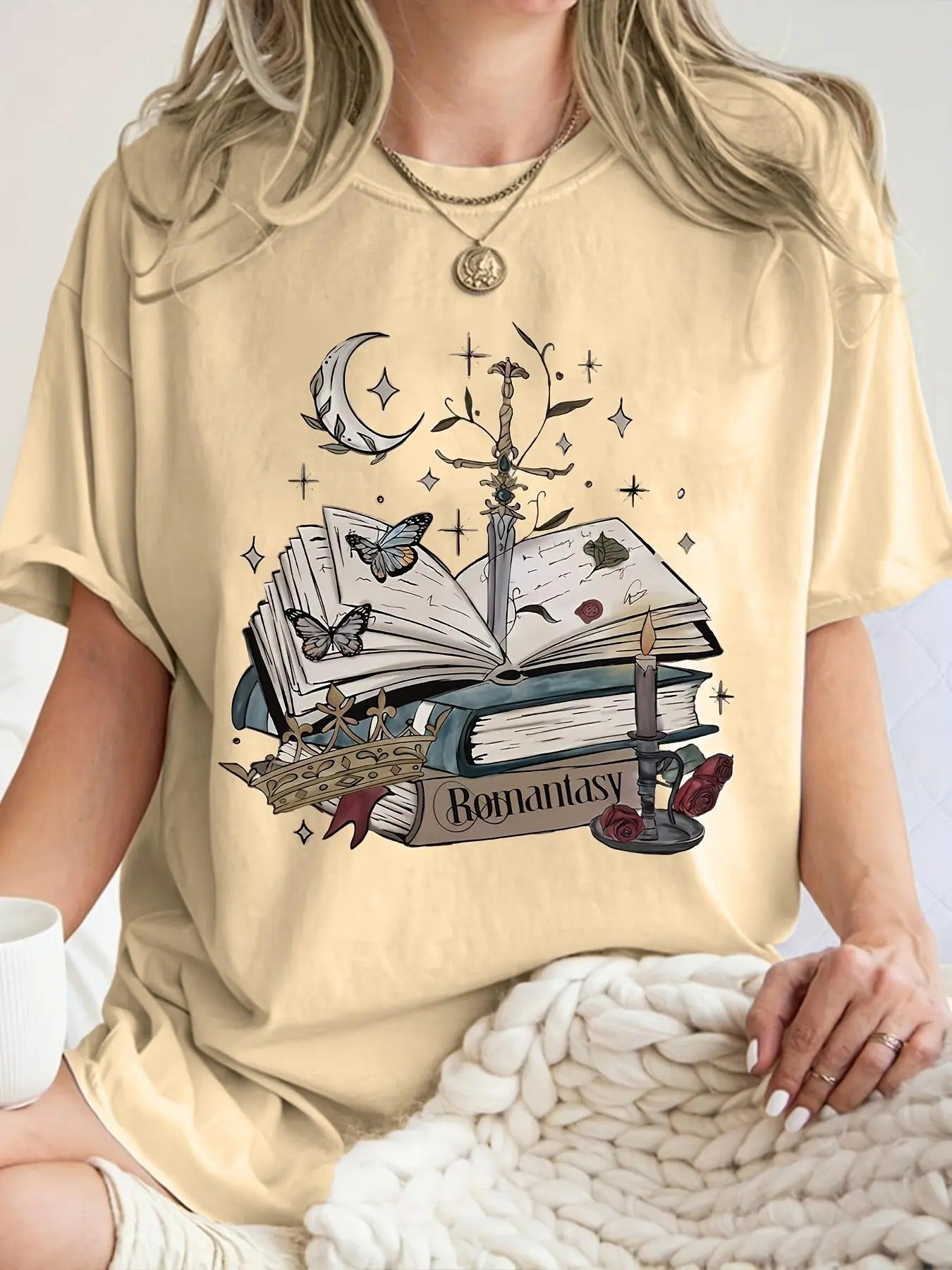 Women's Butterfly & Book & Sword Print Round Neck Graphic Tee, Vintage Trendy Casual Drop Shoulder Short Sleeve T-shirt...