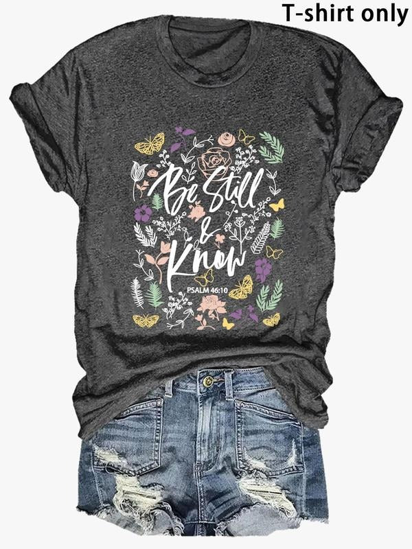 Women's Butterfly & Floral & Letter Print Round Neck Tee, Fashion Casual Short Sleeve Crew Neck T-shirt for Daily Outdoor...