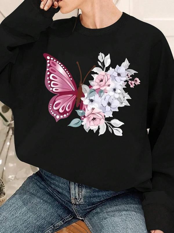 Women's Butterfly & Floral Print Crew Neck Sweatshirt, Casual Thermal Lined Long Sleeve Pullover, Women's Fall & Winter...