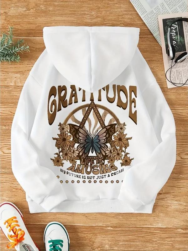 Women's Butterfly & Floral Print Drop Shoulder Hoodie, Fashion Casual Letter Print Drawstring Pocket Hooded Sweatshirt...