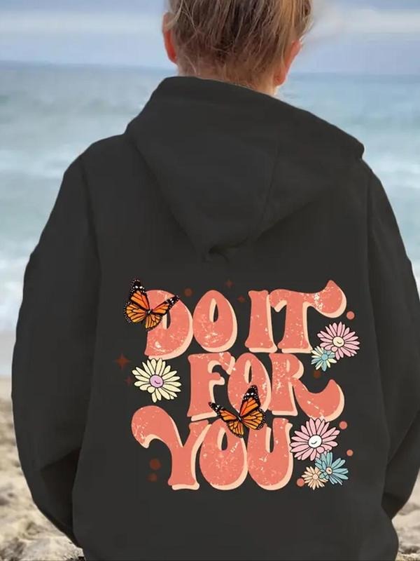 Women's Butterfly & Floral Print Drop Shoulder Thermal Lined Hoodie, Fashion Casual Drawstring Pocket Hooded Sweatshirt...