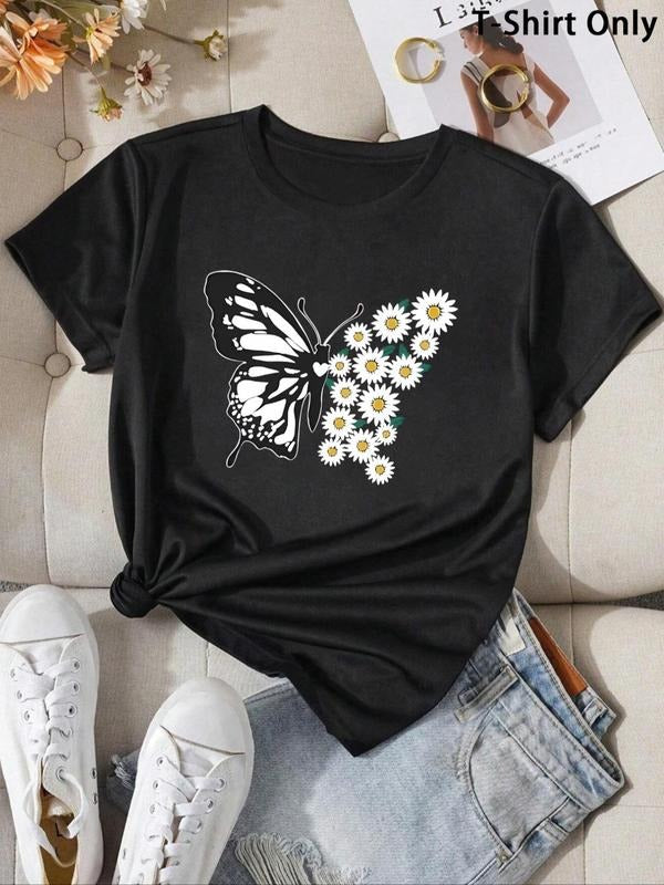 Women's Butterfly & Floral Print Round Neck Graphic Tee, Casual Short Sleeve T-shirt For Daily Wear, Vintage Trendy...