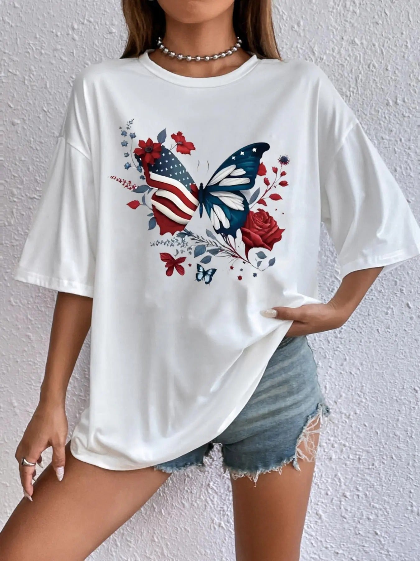 Women's Butterfly & Floral Print Round Neck Graphic Tee, Vintage Trendy Casual Drop Shoulder Half Sleeve T-shirt For...