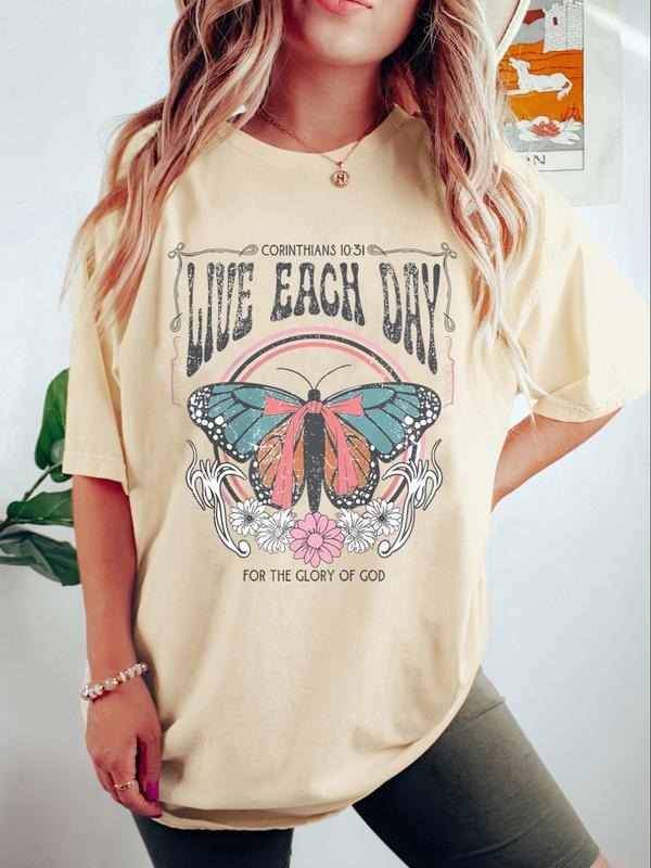 Women's Butterfly & Floral Print Round Neck Graphic Tee, Vintage Trendy Casual Drop Shoulder Half Sleeve T-shirt For...