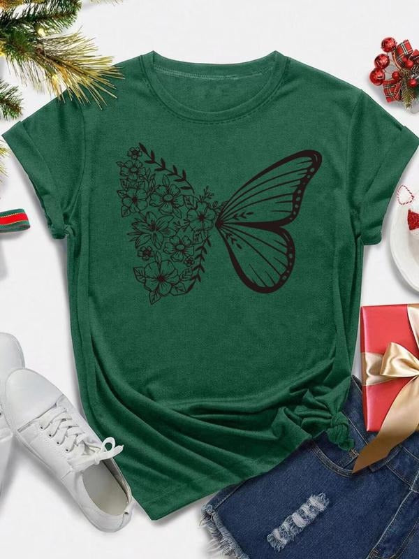 Women's Butterfly & Floral Print Round Neck Tee, Casual Short Sleeve Crew Neck T-Shirt for Daily Wear, Ladies Clothes for...