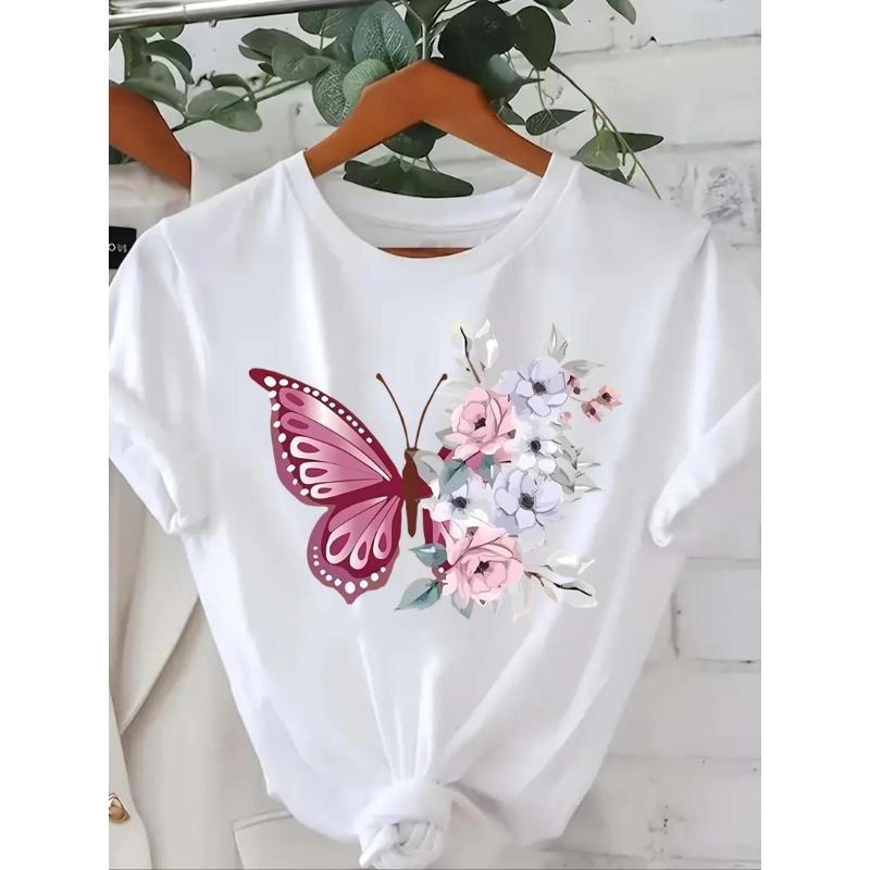 Women's Butterfly & Floral Print Round Neck Tee, Casual Short Sleeve Crew Neck T-Shirt for Daily Wear, Ladies Clothes for...