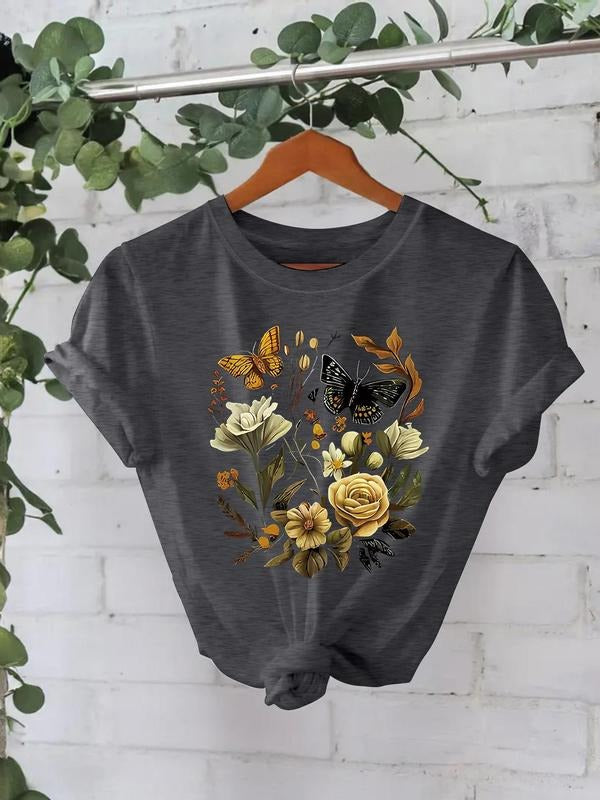 Women's Butterfly & Floral Print Round Neck Tee, Casual Short Sleeve Crew Neck T-shirt for Summer, Fashion Women's Top...