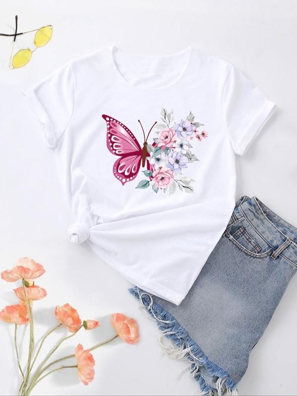 Women's Butterfly & Floral Print Round Neck Tee, Casual Short Sleeve T-shirt for Daily Wear, Ladies Summer Outfit Hoodie,...