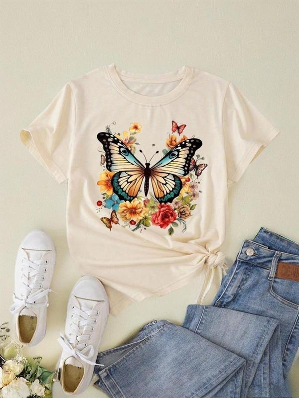 Women's Butterfly & Floral Print Round Neck Tee, Vintage Trendy Casual Graphic Short Sleeve T-shirt for Daily Wear,...