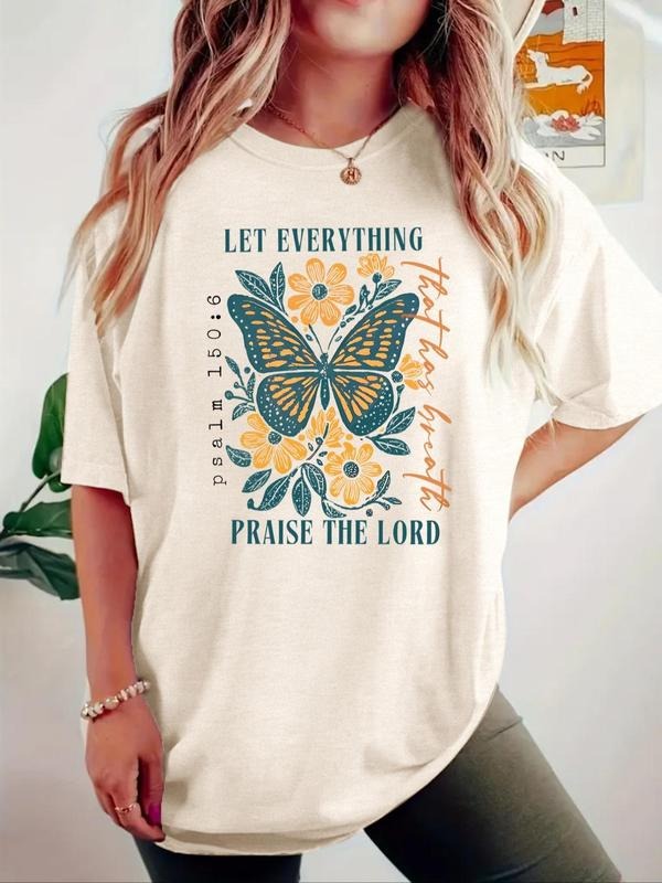 Women's Butterfly & Floral Print Round Neck Tee, Vintage Trendy Casual Graphic Short Sleeve T-shirt for Daily Wear,...