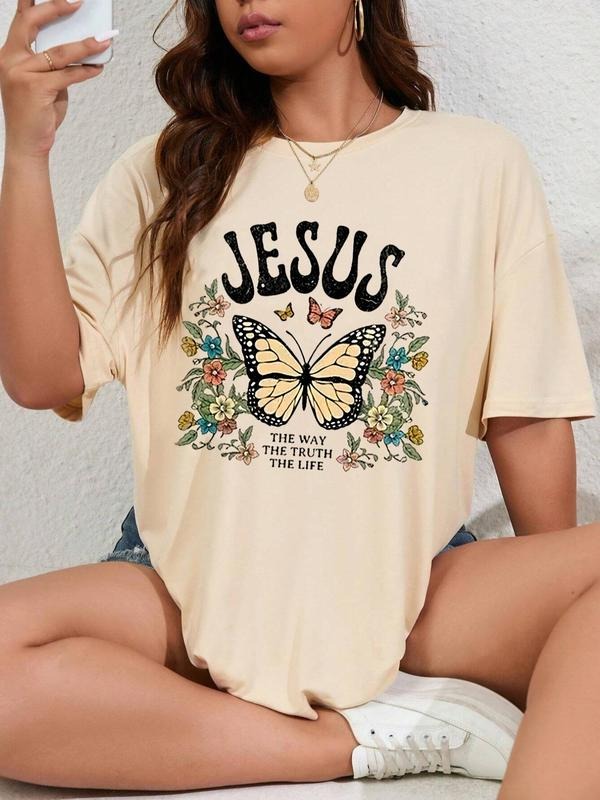 Women's Butterfly & Floral Print Round Neck Tee, Vintage Trendy Casual Letter Graphic Drop Shoulder Half Sleeve T-shirt...