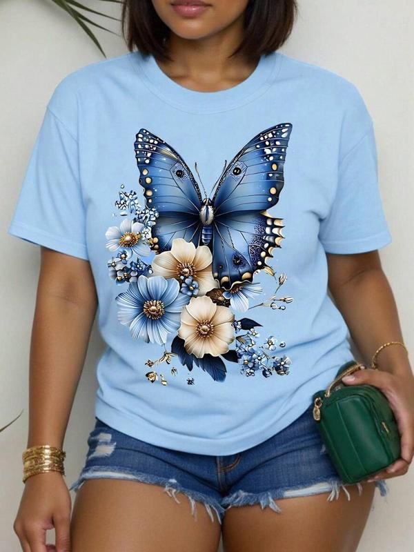 Women's Butterfly & Flower Print Round Neck Tee, Casual Short Sleeve Crew Neck T-Shirt for Daily Wear, Ladies Clothes for...
