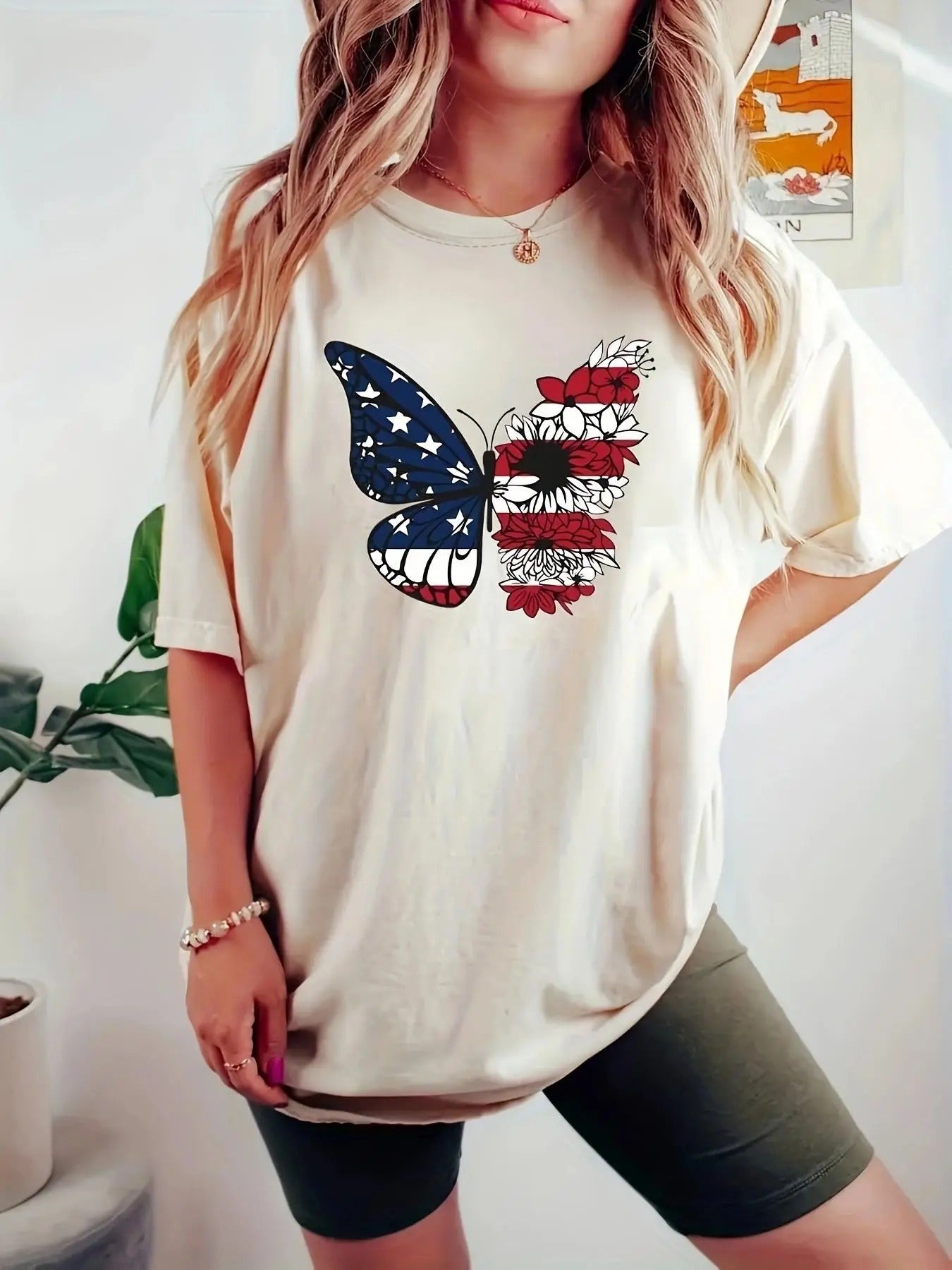 Women's Butterfly & Flower Print Round Neck Tee, Casual Short Sleeve T-Shirt for Summer, Women's Top for Daily Wear...
