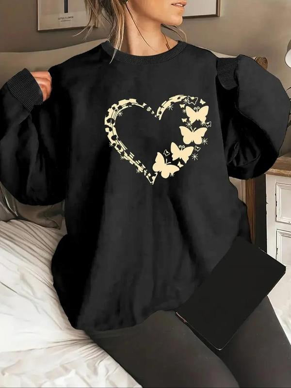 Women's Butterfly & Heart Print Round Neck Pullover, Casual Long Sleeve Crew Neck Sweatshirt for Fall & Winter, Women's...