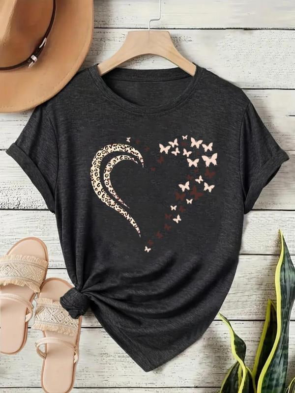 Women's Butterfly & Heart Print Round Neck Tee, Casual Short Sleeve Crew Neck T-shirt for Summer, Fashion Women's Top for...