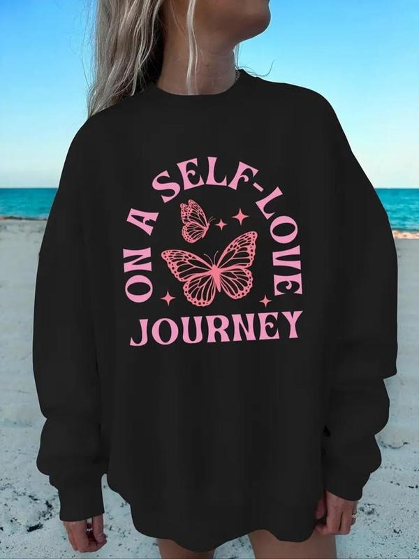 Women's Butterfly & Letter Print Crew Neck Sweatshirt, Casual Long Sleeve Pullover for Fall & Winter, Women's Clothes for...