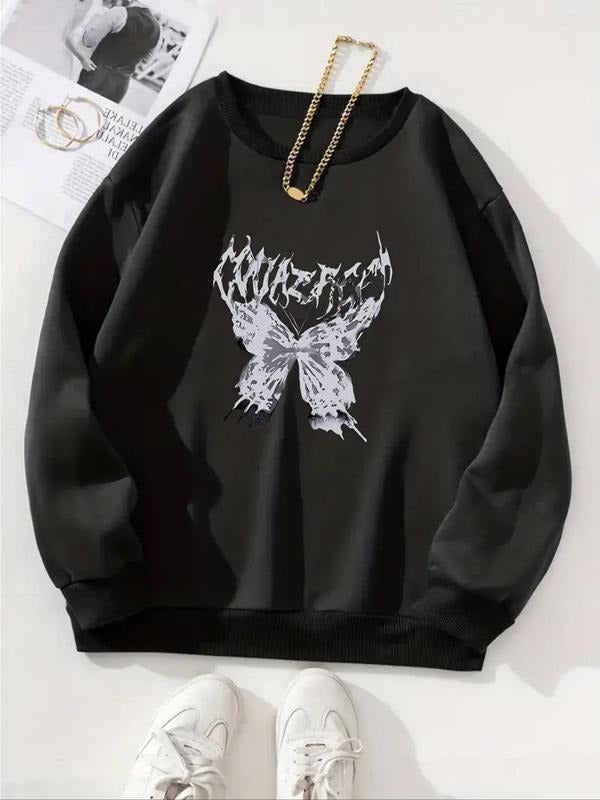 Women's Butterfly & Letter Print Crew Neck Sweatshirt, Casual Long Sleeve Thermal Lined Pullover for Fall & Winter,...