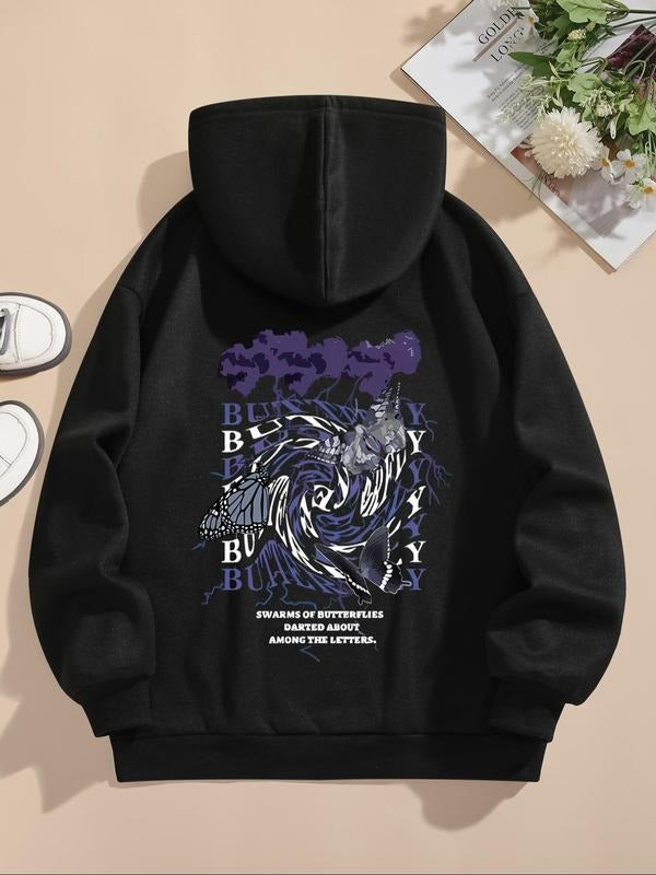 Women's Butterfly & Letter Print Drawstring Hoodie, Casual Long Sleeve Hooded Sweatshirt for Daily Wear, Ladies Clothes...