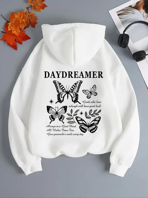 Women's Butterfly & Letter Print Drawstring Hoodie, Fashion Casual Hooded Sweatshirt for Daily Holiday Outdoor Wear,...