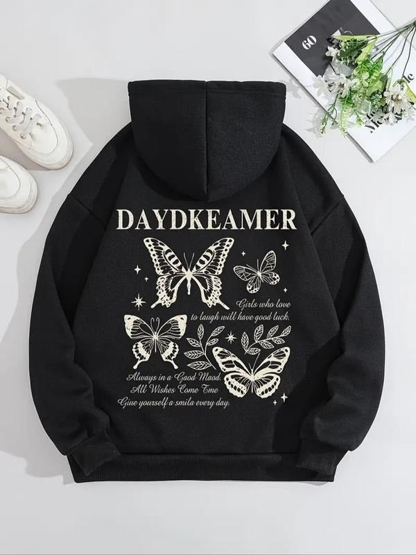 Women's Butterfly & Letter Print Drawstring Hoodie, Fashion Casual Hooded Sweatshirt for Daily Holiday Outdoor Wear,...