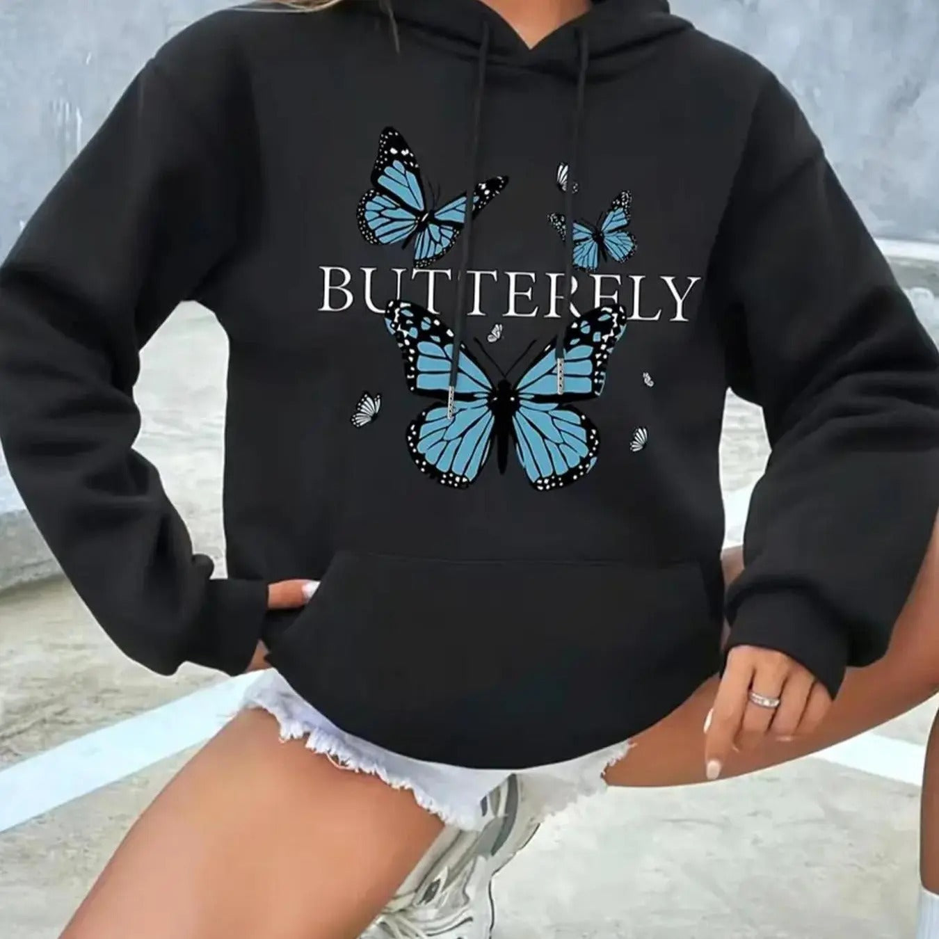 Women's Butterfly & Letter Print Drawstring Pocket Hoodie, Casual Drop Shoulder Long Sleeve Hooded Sweatshirt, Ladies...