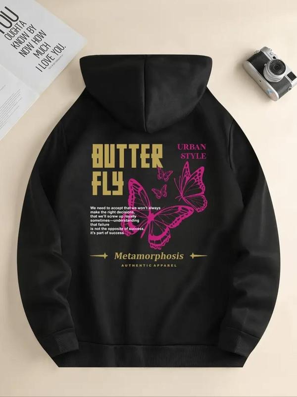 Women's Butterfly & Letter Print Drawstring Pocket Hoodie, Casual Long Sleeve Hooded Sweatshirt for Fall & Winter,...