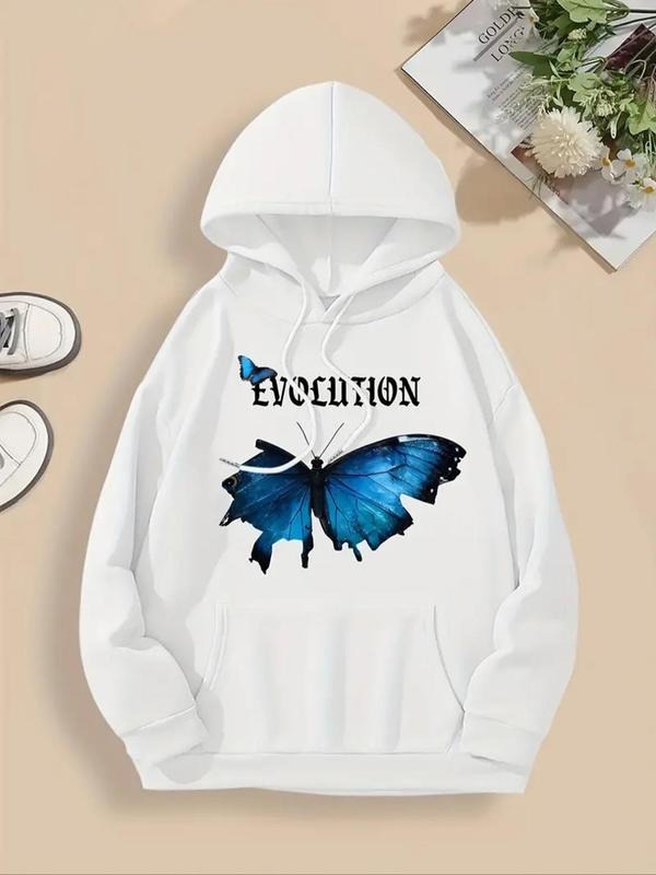 Women's Butterfly & Letter Print Drawstring Pocket Hoodie, Fashion Casual Hooded Sweatshirt for Daily Holiday Outdoor...