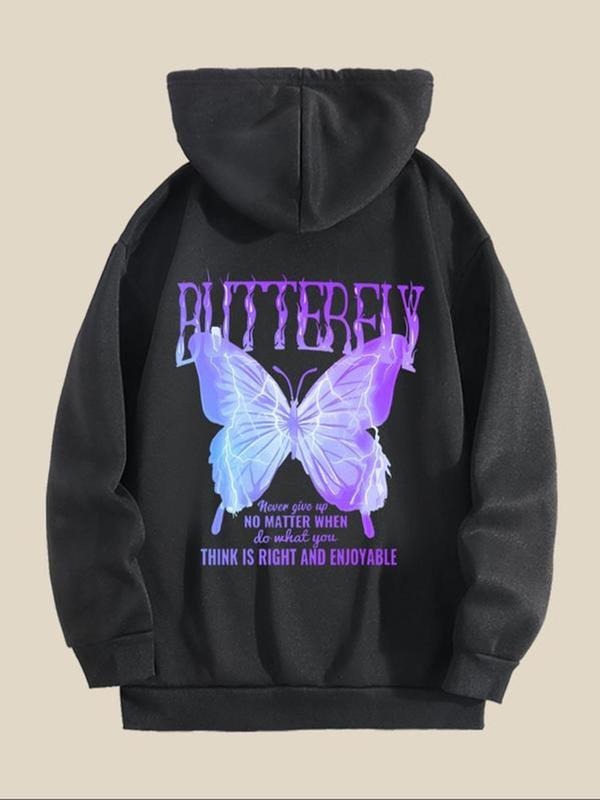 Women's Butterfly & Letter Print Drop Shoulder Graphic Print Hoodie, Fashion Casual Drawstring Pocket Hooded Sweatshirt...