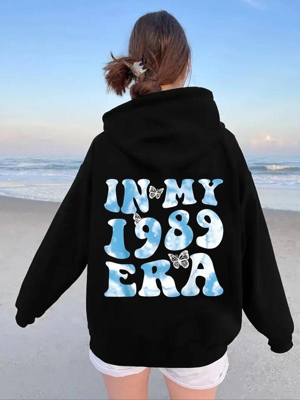 Women's Butterfly & Letter Print Drop Shoulder Hoodie, Fashion Casual Drawstring Pocket Hooded Sweatshirt for Daily...