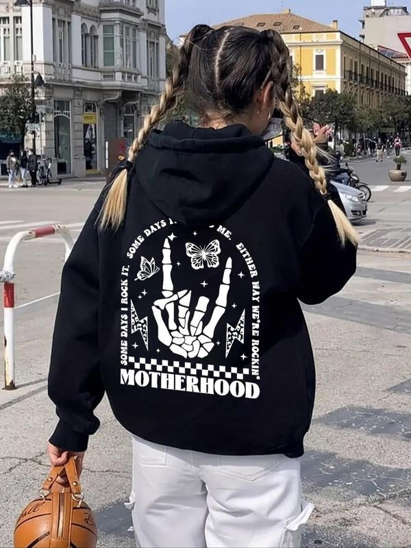 Women's Butterfly & Letter Print Drop Shoulder Hoodie, Fashion Casual Drawstring Pocket Hooded Sweatshirt for Daily...