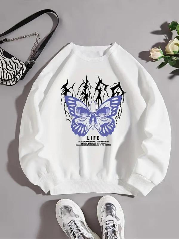 Women's Butterfly & Letter Print Drop Shoulder Sweatshirt, Casual Long Sleeve Round Neck Pullover for Fall & Winter,...